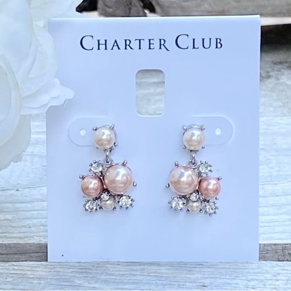 NWT CHARTER CLUB PEARL AND CRYSTAL SILVER DROP EARRINGS
